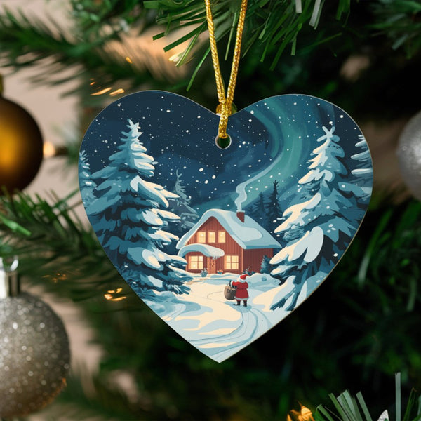 Northern Lights Winter Scene Ceramic Keepsake, Santa Snowy Cabin Heart Ornament, Holiday Christmas Tree Ornament, Winter Pres