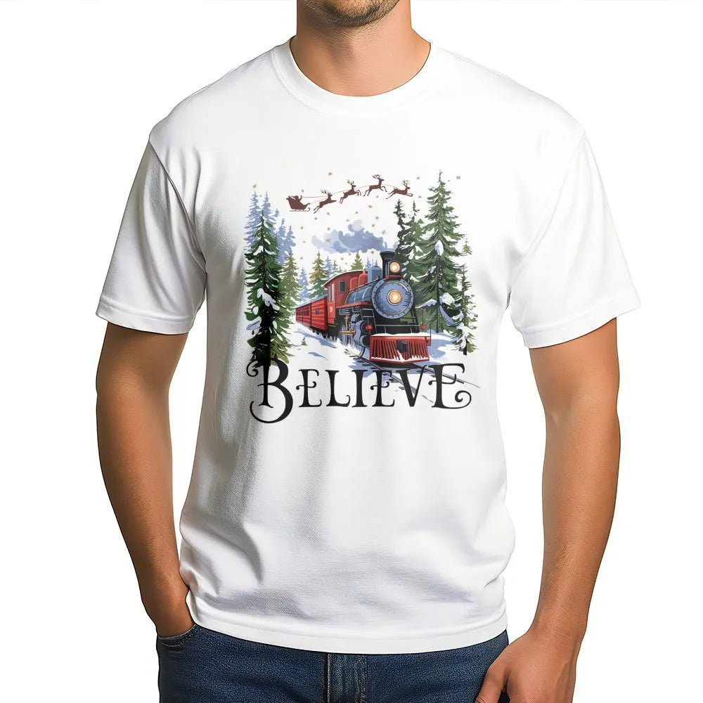 Retro Winter Holiday T-Shirt, Believe Christmas Train Shirt, Vintage Magic Forest Graphic Tee, Festive Xmas Express Train Lov