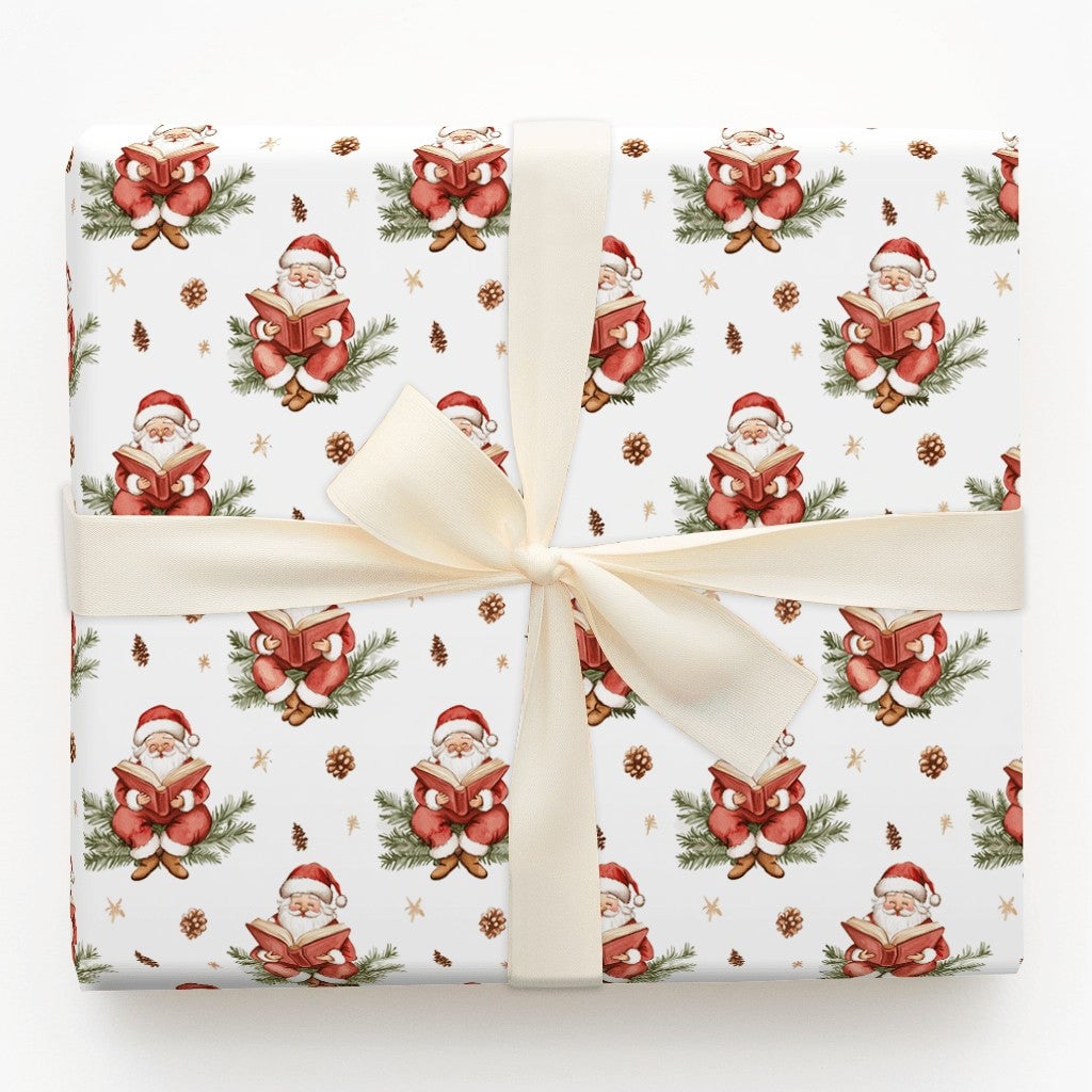Book Lover Christmas Gift Wrap, Reading Santa Wrapping Paper, Vintage Watercolor Wrapping Paper, Pinecone Holiday Gift Wrap R