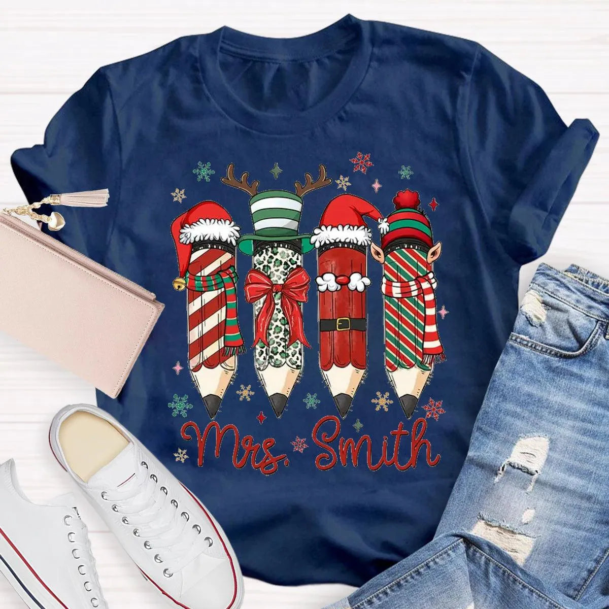 Adorable Pencil Holiday T-Shirt, Personalized Teacher Christmas Shirt, Custom Teacher Tee, Festive School Graphic Shirt, Holi