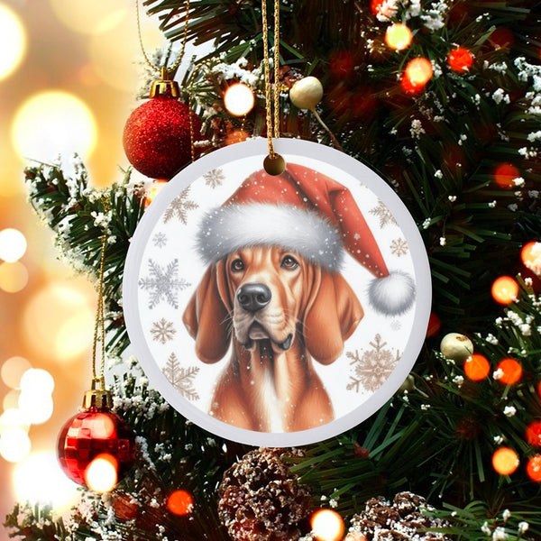 Santa Hat Dog Ceramic Ornament, Bloodhound Christmas Ornament, Adorable Puppy Holiday Tree Ornament, Pet Lover Keepsake Winte