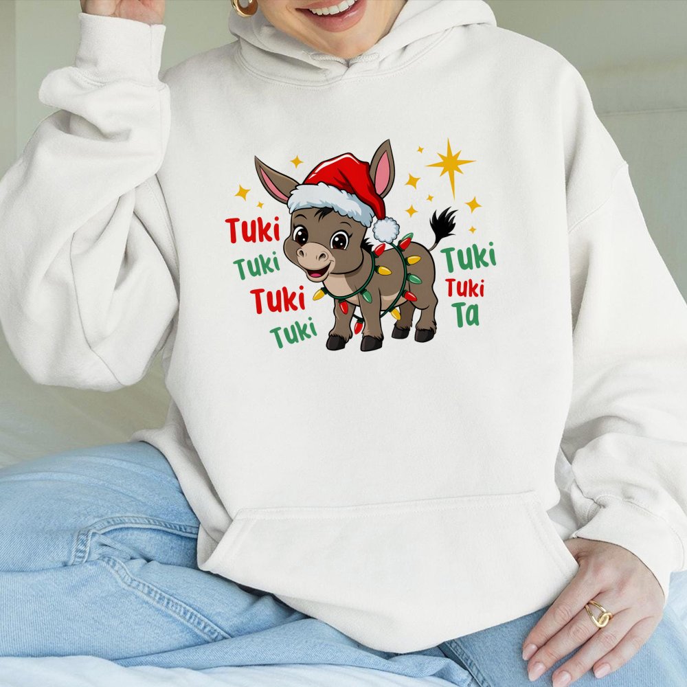 Adorable Santa Hat Burro Hoodie, Christmas Donkey Hoodie, Festive Animal Lover Hoodie, Humorous Holiday Graphic Hooded Sweats
