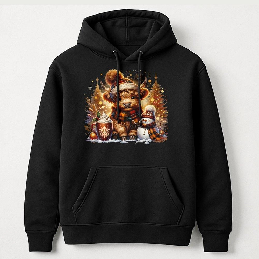 Snowman Hot Cocoa Sweatshirt, Highland Cow Christmas Hoodie, Adorable Winter Cow Graphic Hoodie, Comfy Farmhouse Pullover, An