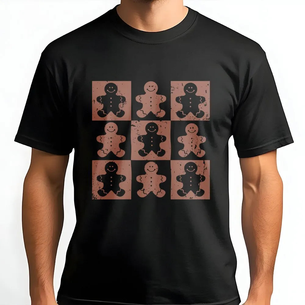 Retro Checkered Christmas Graphic Shirt, Gingerbread Man T-Shirt, Adorable Holiday Cookie Tee, Vintage Xmas T-Shirt for Women