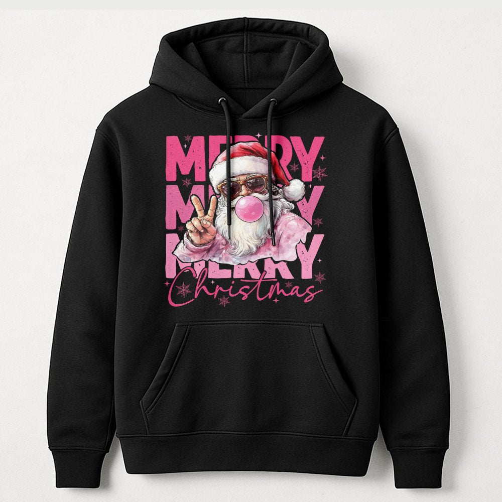 Humorous Bubble Gum Santa Hoodie, Retro Santa Hoodie, Cool Christmas Sunglasses Sweatshirt, Holiday Graphic Hooded Pullover, 