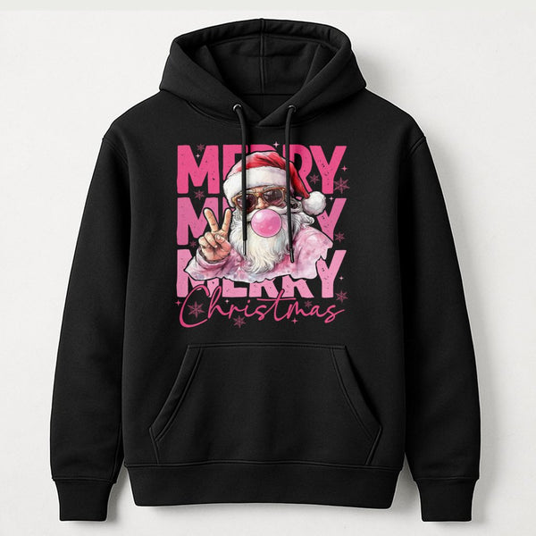Humorous Bubble Gum Santa Hoodie, Retro Santa Hoodie, Cool Christmas Sunglasses Sweatshirt, Holiday Graphic Hooded Pullover, 