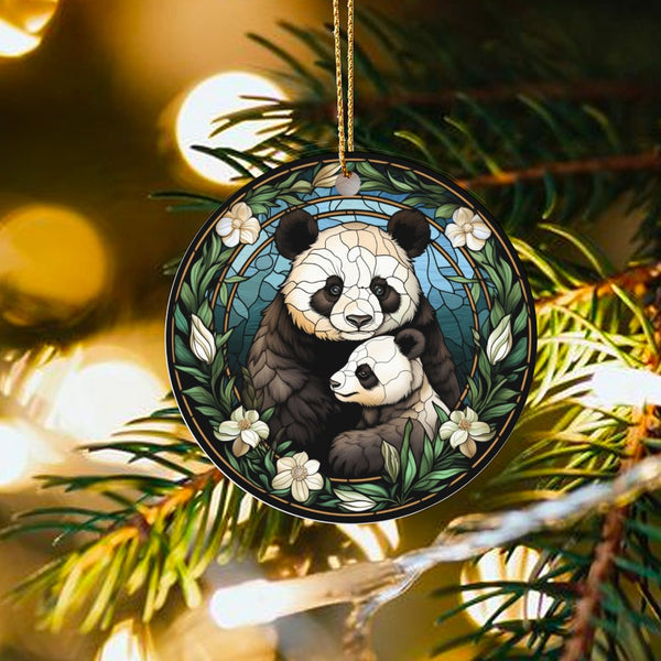 Mama and Baby Panda Ornament, Stained Glass Panda Christmas Ornament, Animal Lover Ceramic Ornament, Adorable Wildlife Holida