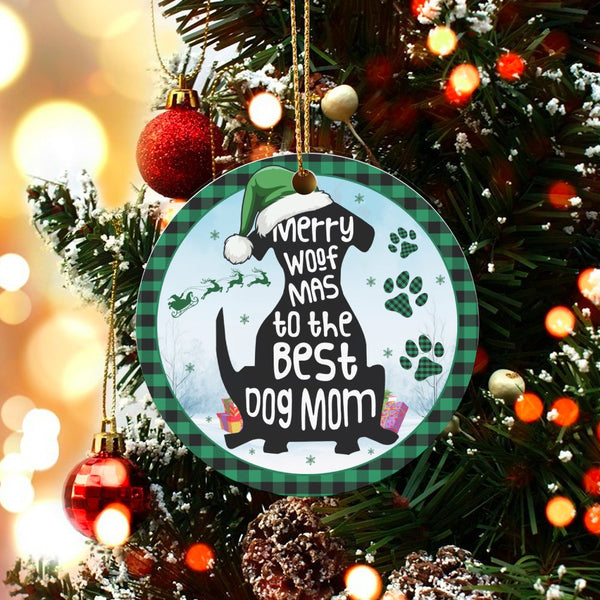 Green Plaid Dog Silhouette Ceramic Ornament, Merry Woof Mas Dog Mom Christmas Ornament, Pet Holiday Tree Ornament, Xmas Dog L
