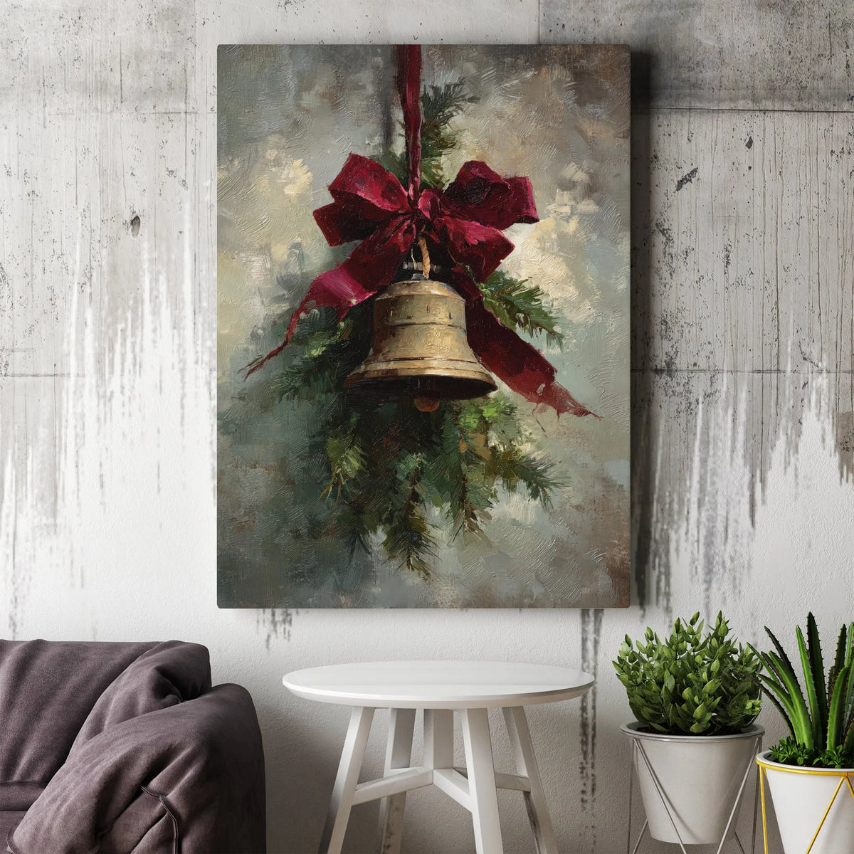 Pine Red Ribbon Canvas Wall Art, Christmas Bell Vintage Oil Painting Print, Rustic Holiday Canvas Decor, Xmas Present Digital