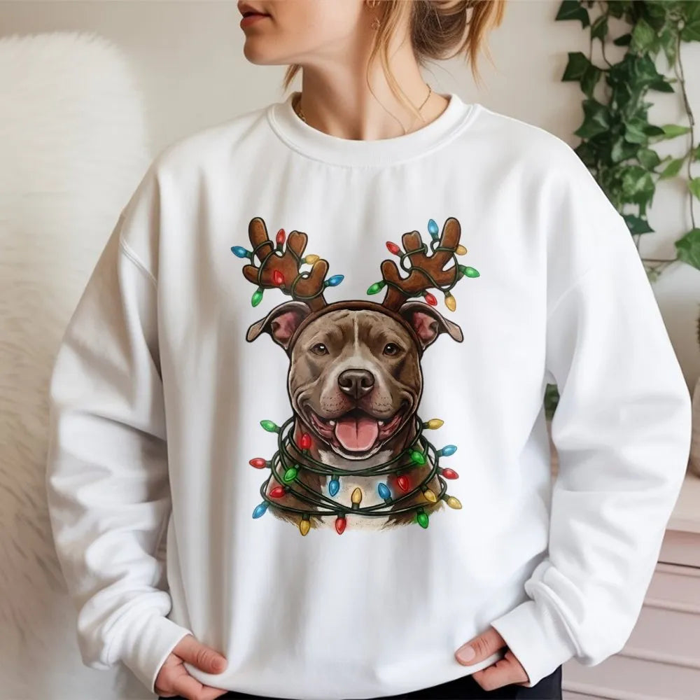 Reindeer Antlers Festive Dog Sweatshirt, Pitbull Christmas Sweatshirt, Adorable Holiday Puppy Sweatshirt, Dog Mom Xmas Crewne
