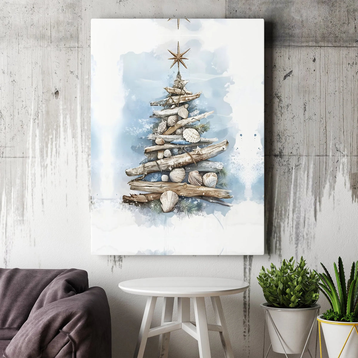 Driftwood Seashell Canvas Print, Coastal Christmas Tree Canvas Wall Art, Beachy Holiday Wall Decor, Nautical Christmas Canvas