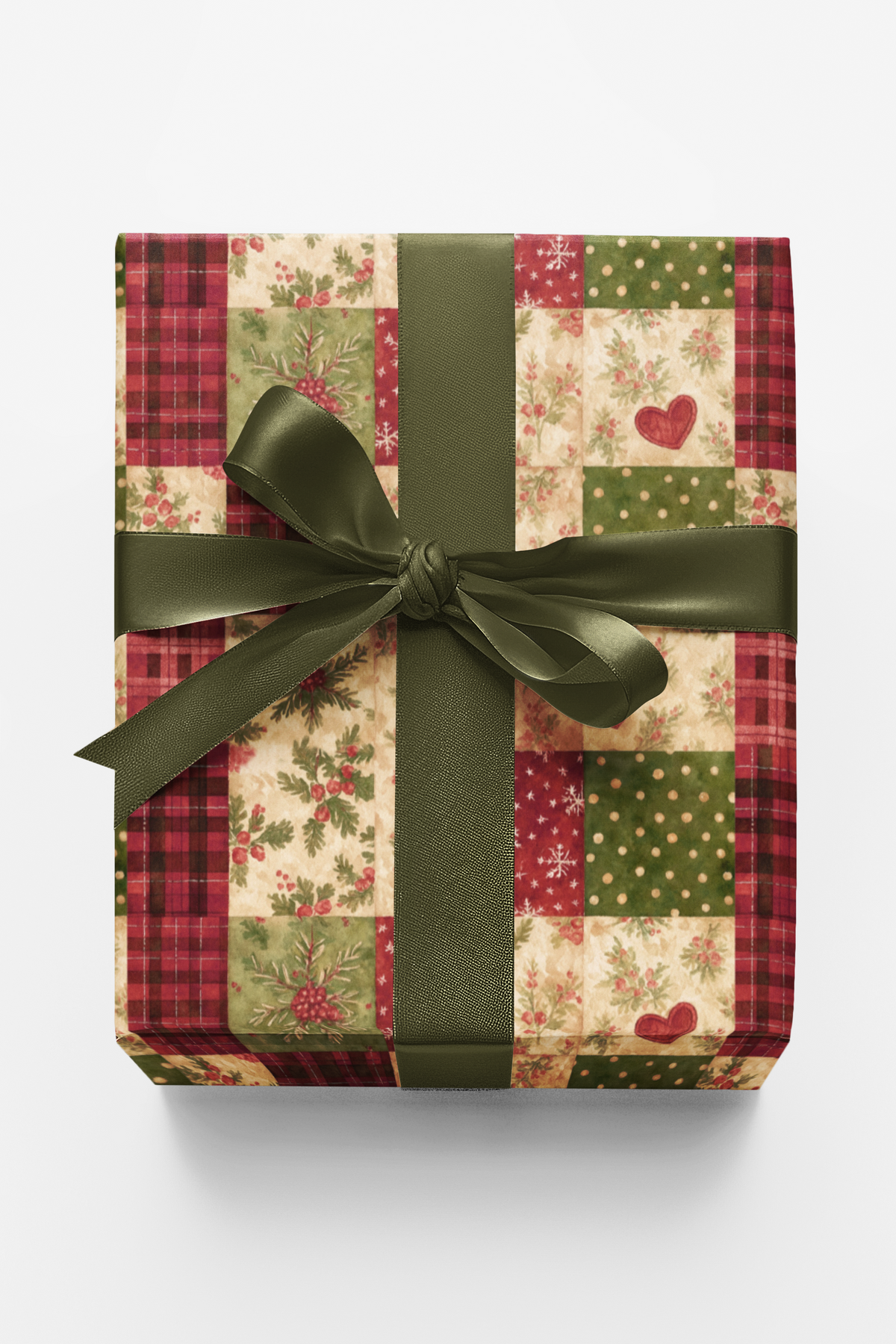 Patchwork Holiday Gift Wrap, Rustic Heart and Holly Wrapping Paper, Plaid Christmas Wrapping Paper, Quilt Pattern Gift Wrap R