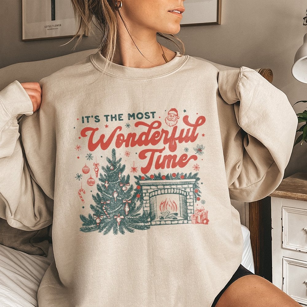 Retro Christmas Tree Sweatshirt, Most Wonderful Time Sweatshirt, Comfy Fireplace Holiday Sweatshirt, Vintage Xmas Tree Crewne