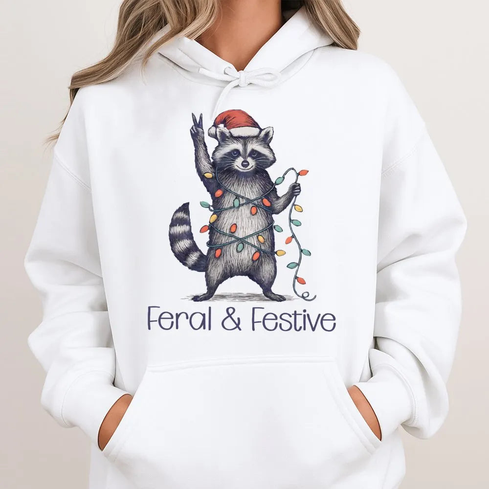 Humorous Christmas Animal Graphic Sweatshirt, Feral and Festive Raccoon Hoodie, Adorable Trash Panda Holiday Pullover, Retro 