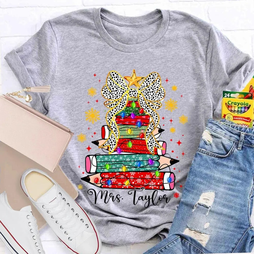 Custom Name Pencil Snowflake Tee, Personalized Teacher Christmas Tree Shirt, Holiday Teacher T-Shirt, Christmas Teacher Prese