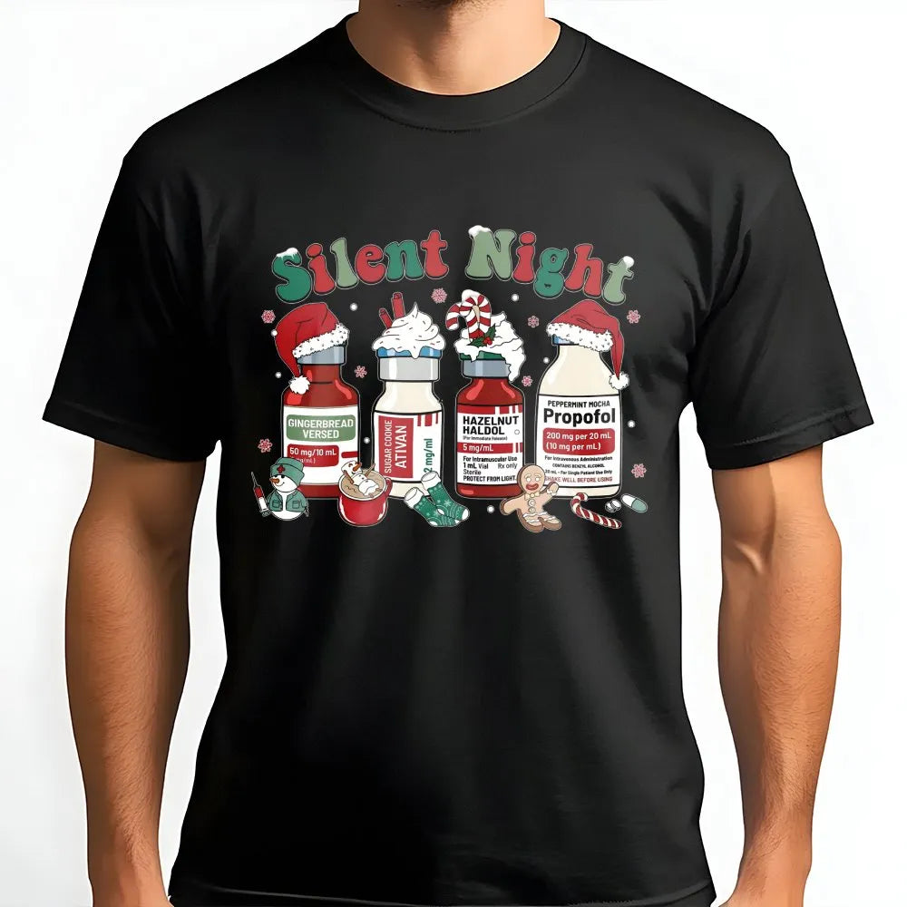 Humorous Medical Scrub T-Shirt, Silent Night Christmas T-Shirt, Nurse Holiday Graphic Tee, ICU RN Healthcare Christmas T-Shir