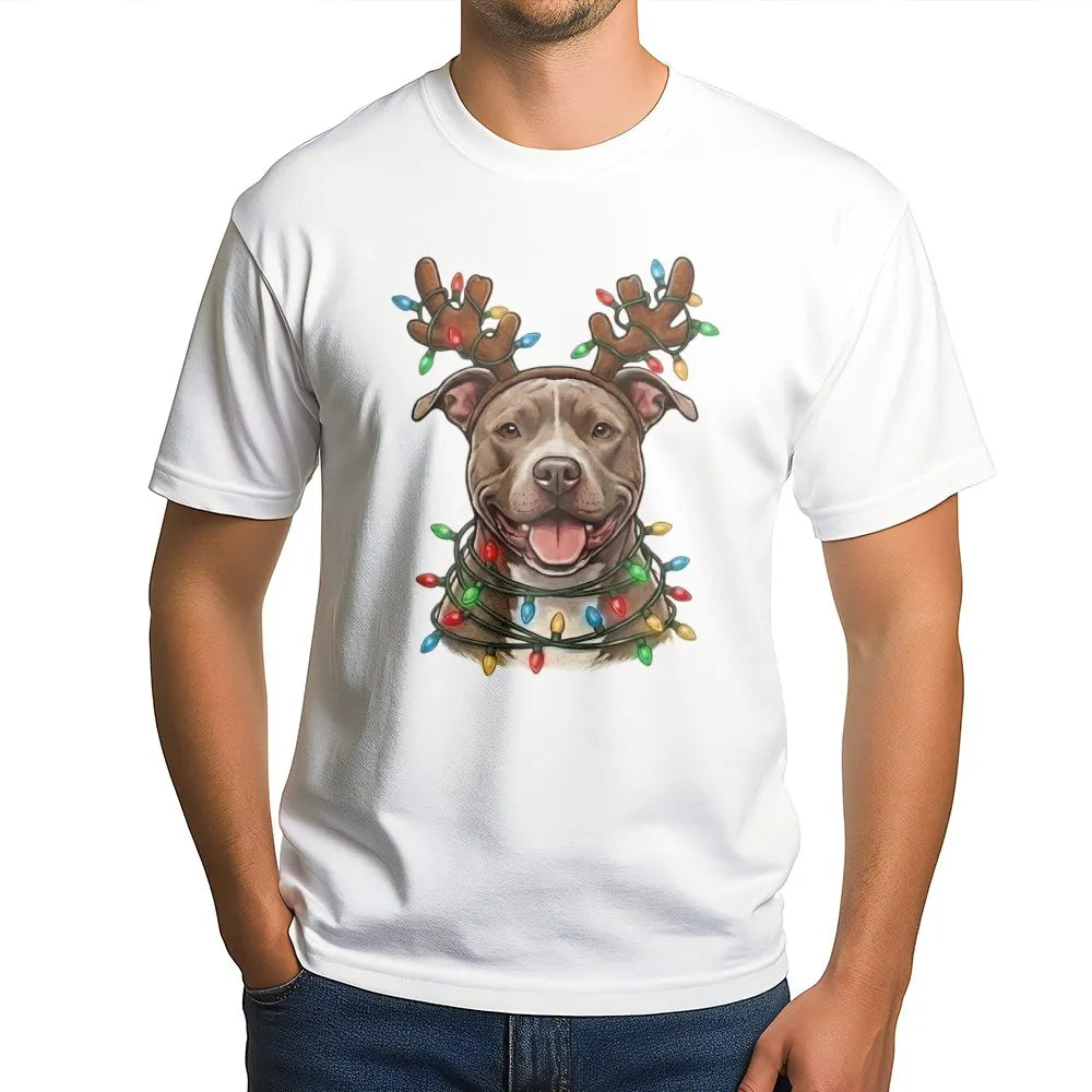 Reindeer Antlers Holiday Lights Shirt, Pitbull Christmas T-Shirt, Adorable Xmas Dog Graphic Tee, Festive Pup Apparel, Present