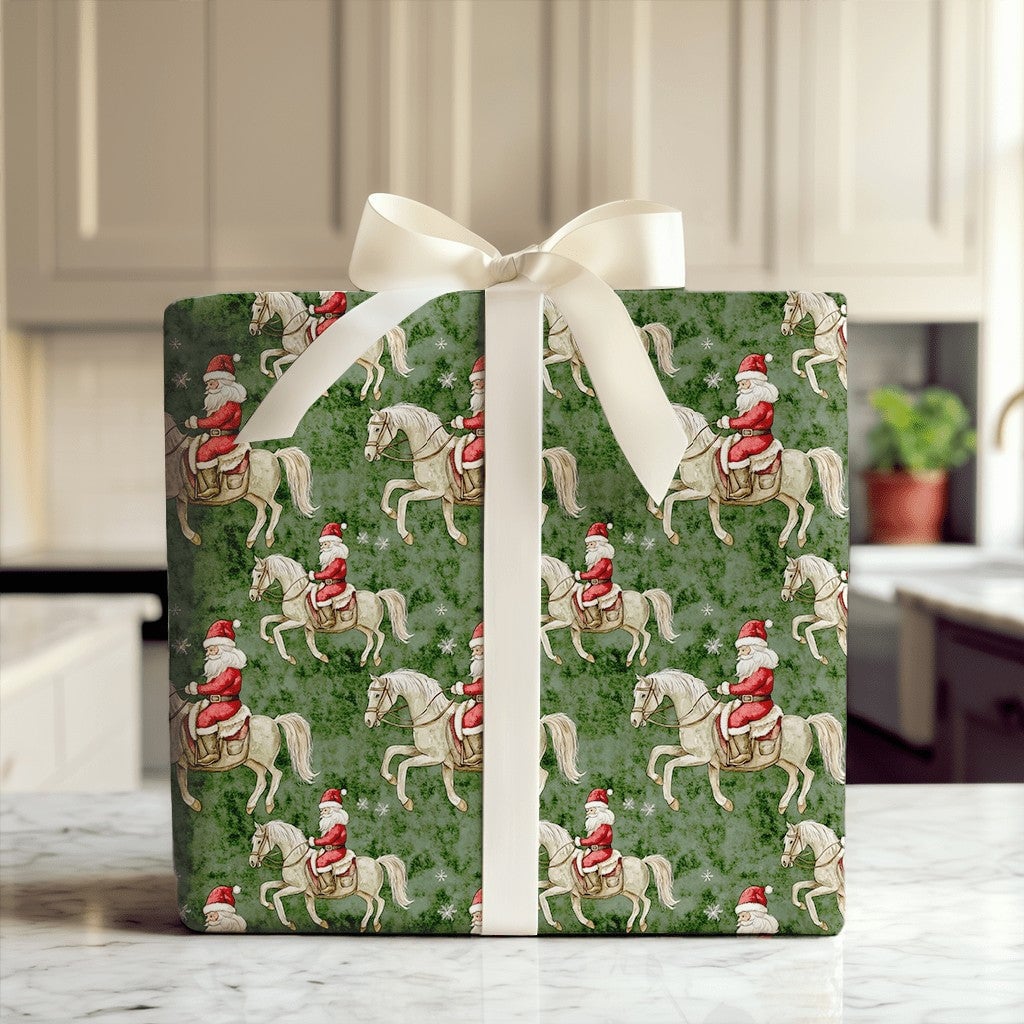 Equestrian Christmas Gift Wrap, Santa Riding White Horse Wrapping Paper, Green Holiday Wrapping Paper, Horse Lover Present Pa
