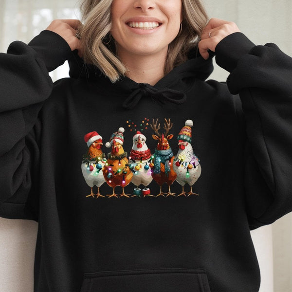 Holiday Lights Chicken Sweatshirt, Christmas Chicken Hoodie, Humorous Farm Animal Xmas Hoodie, Comfy Winter Pullover, Chicken