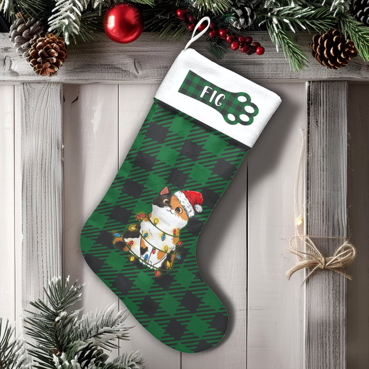 Personalized Cat Stocking, Calico Cat Christmas Stocking, Green Plaid Christmas Stocking, Pet Holiday Stocking Decor, Cat Lov