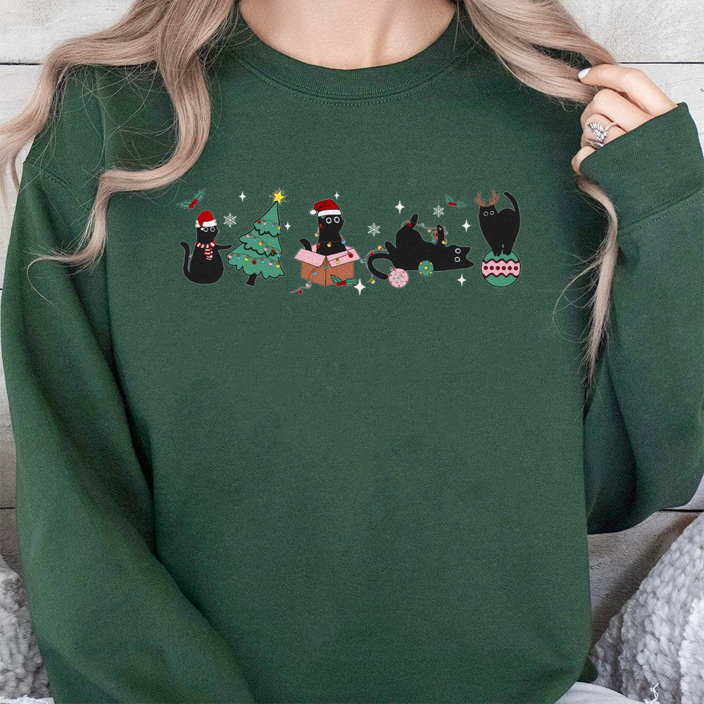 Adorable Holiday Kitties Sweater, Christmas Black Cat Sweatshirt, Humorous Xmas Cat Pullover, Retro Winter Cat Lover Crewneck