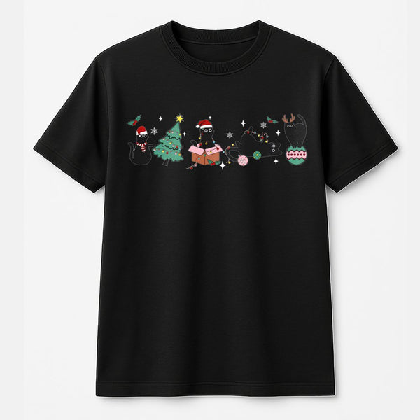Adorable Holiday Black Cat Graphic Tee, Christmas Black Cat T-Shirt, Festive Kitty Shirt, Humorous Xmas Cat Tee, Cat Lover Ch