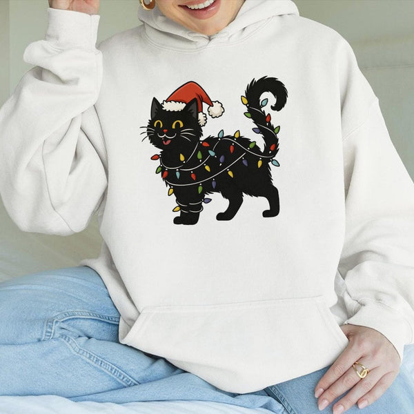 Festive Kitty Fairy Lights Hooded Sweatshirt, Black Cat Christmas Hoodie, Comfy Cat Lover Christmas Hoodie, Adorable Holiday 