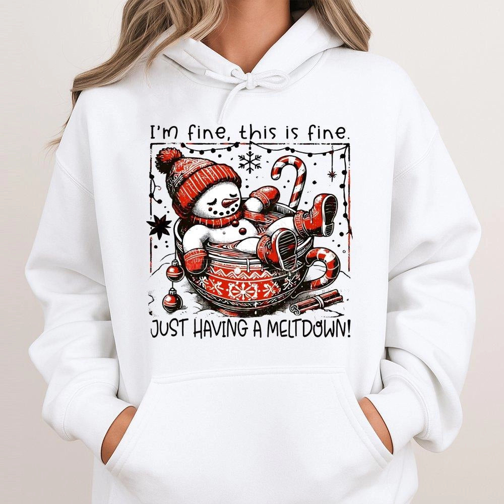 I'm Fine This Is Fine Christmas Hoodie, Snowman Meltdown Hoodie, Humorous Melting Snowman Sweatshirt, Winter Holiday Humor Pu
