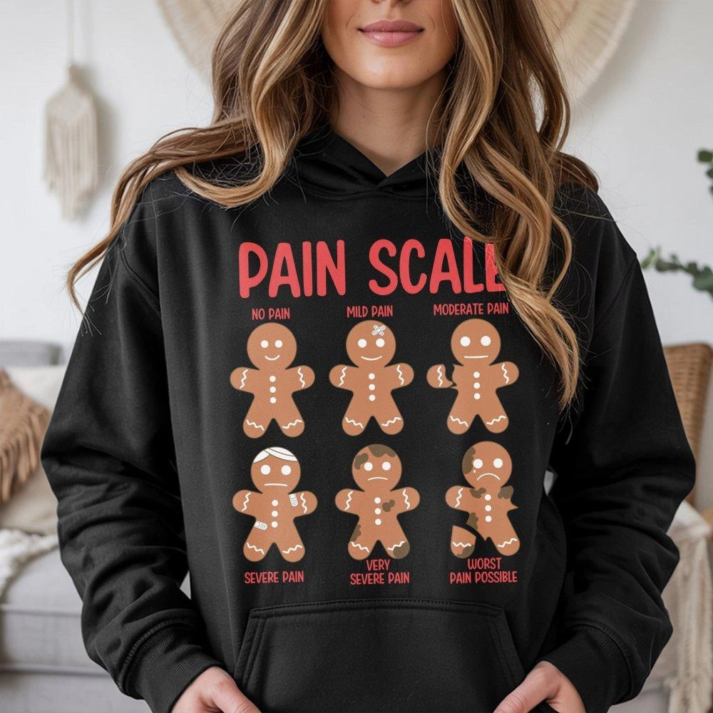 Humorous Christmas Medical Hoodie, Pain Scale Gingerbread Hoodie, Nurse Holiday Sweatshirt, Doctor Nursing Student Hooded Swe