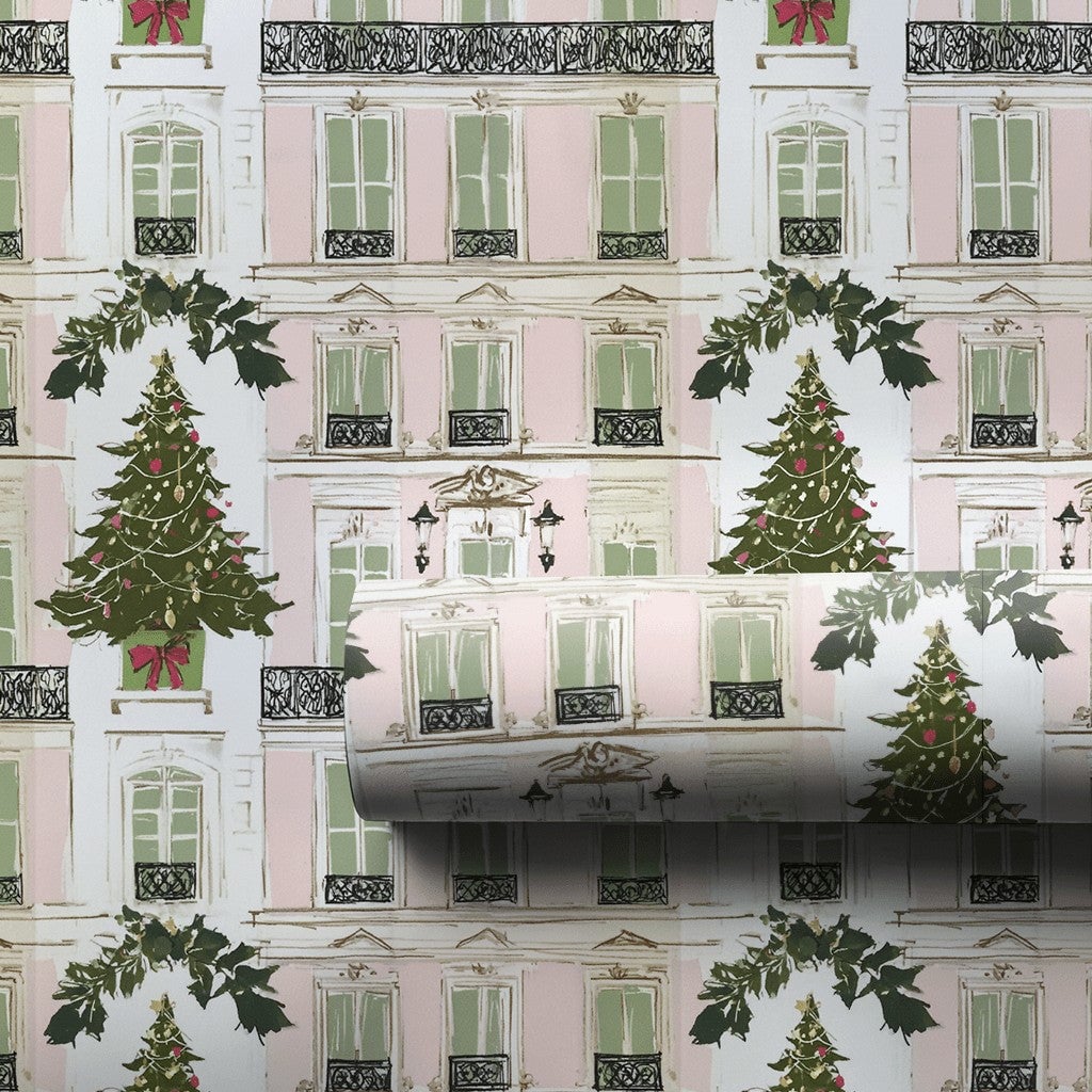Pink Parisian Building Gift Wrap, Paris Christmas Wrapping Paper, French City House Wrapping Paper, Elegant Holiday Christmas