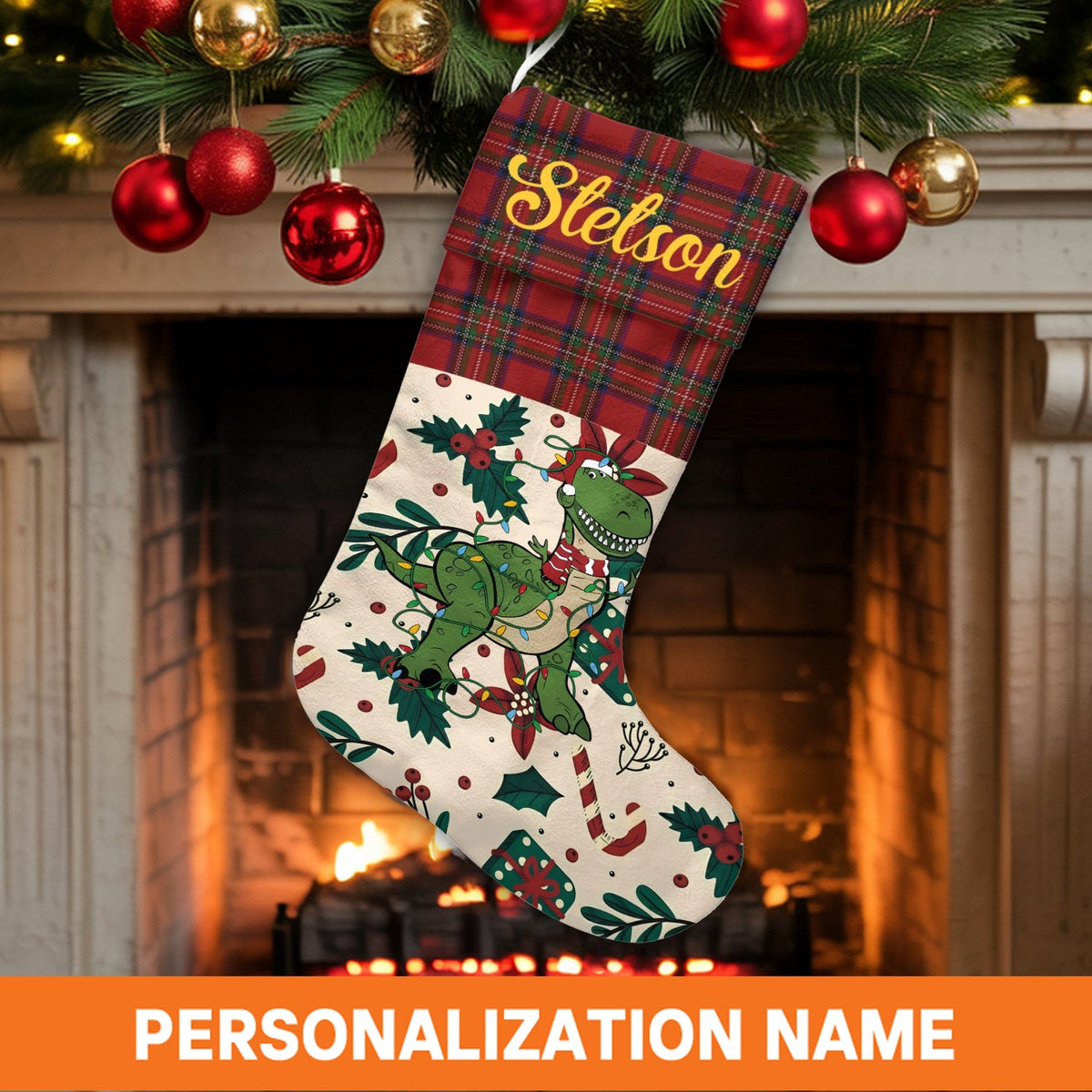 Adorable T-Rex Holiday Stocking, Personalized Dinosaur Christmas Stocking, Plaid Cuff Custom Kids Christmas Stocking, Festive