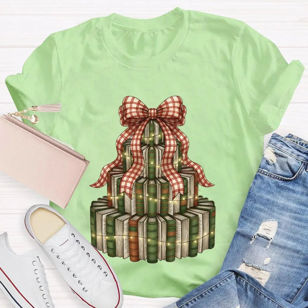 Bookworm Holiday Graphic Tee, Books Bows Lights Christmas Tree Shirt, Comfy Bookish Christmas T-Shirt, Reader Teacher Xmas Pr