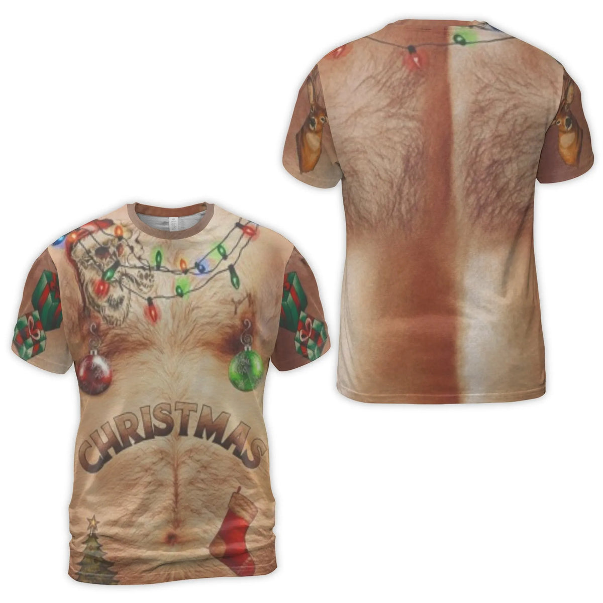 Ugly Xmas Sweater Graphic Shirt, Humorous Hairy Chest Christmas T-Shirt, Holiday Gag Present Tee, Novelty Party Chest Hair Sh