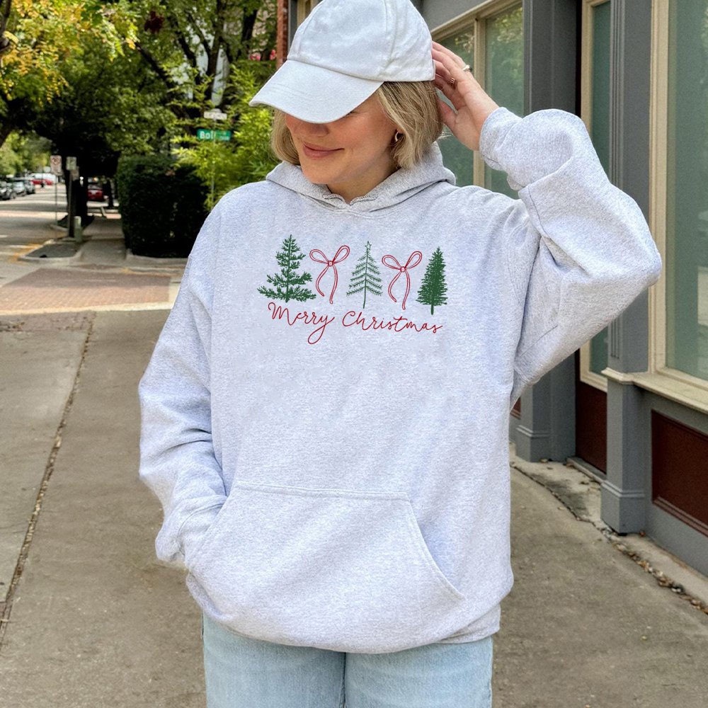 Festive Pine Tree Sweatshirt, Minimalist Pine Tree and Bow Merry Christmas Hoodie, Comfy Christmas Hoodie, Winter Holiday Hoo