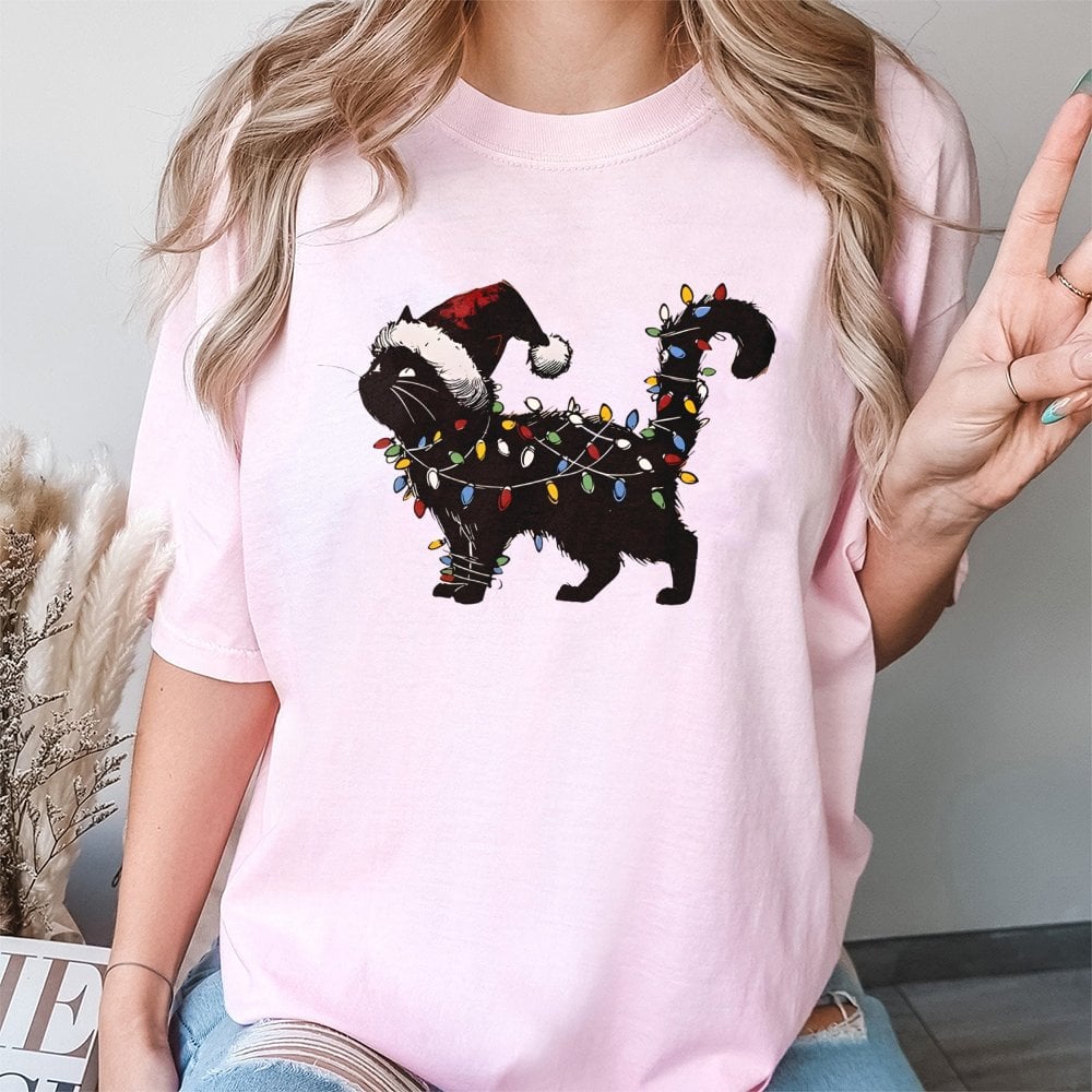 Humorous Holiday Kitten Graphic Tee, Black Cat Christmas Lights T-Shirt, Xmas Cat Lover Shirt, Adorable Christmas Pet Owner P