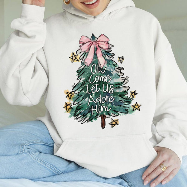 Coquette Christmas Tree Hoodie, Oh Come Let Us Adore Him Hoodie, Religious Christian Sweatshirt, Faith Holiday Hoodie, Xmas P