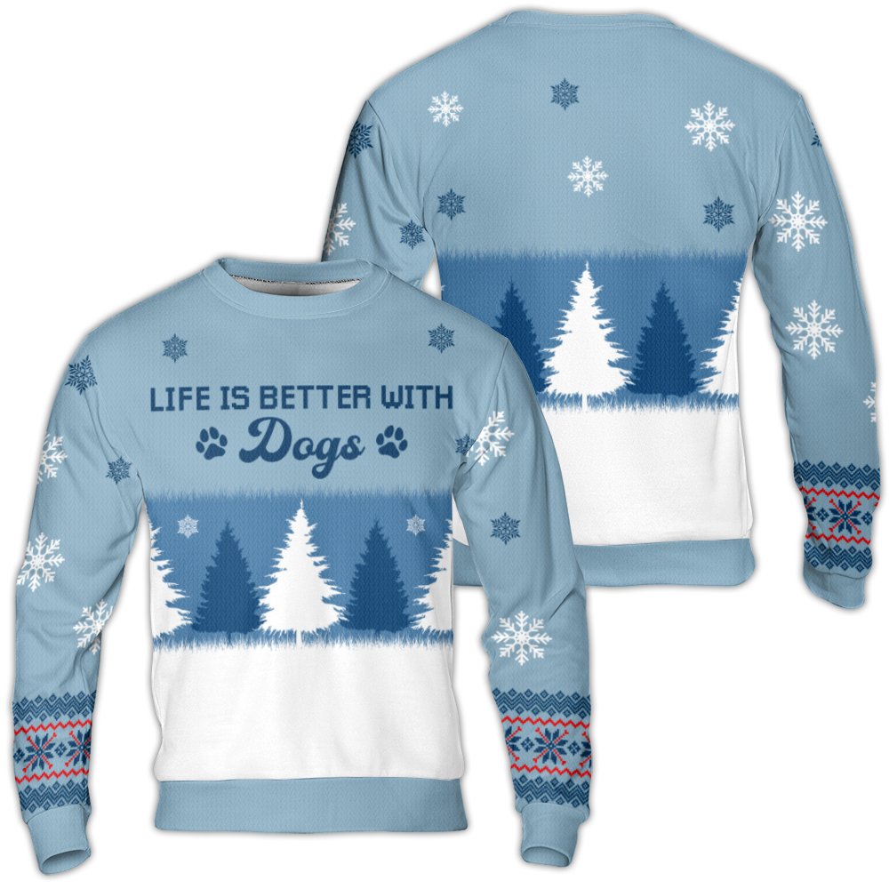 Winter Forest Paw Print Christmas Sweater, Life Is Better with Dogs Ugly Sweater, Dog Lover Holiday Crewneck, Adorable Pet Xm