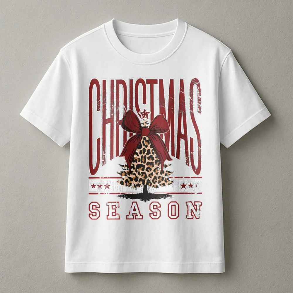 Holiday Bow Graphic Tee, Leopard Print Christmas Tree T-Shirt, Adorable Christmas Season Shirt, Festive Winter Tee, Holiday P