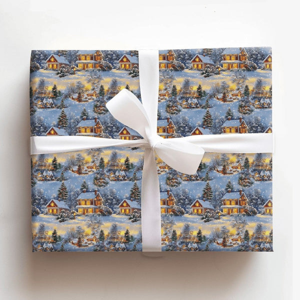 Snowy Winter Landscape Gift Wrap, Christmas Village Wrapping Paper, Comfy Cottage Holiday Wrapping Paper, Traditional Winter 