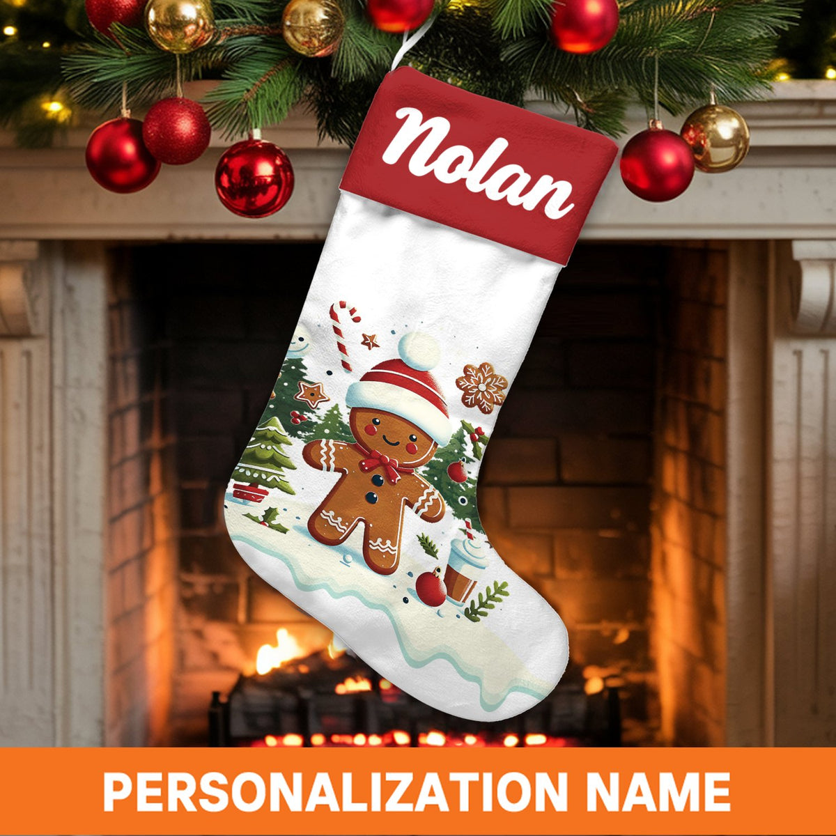 Custom Name Gingerbread Holiday Stocking, Personalized Gingerbread Christmas Stocking, Adorable Xmas Cookie Stocking, Kids Fa