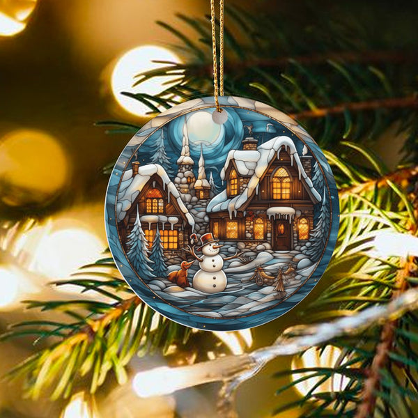 Snowman Fox Christmas Ornament, Stained Glass Winter Village Ornament, Winter Scenic Ceramic Ornament, Holiday Tree Keepsake 