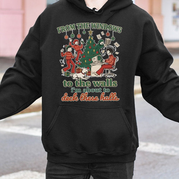 Humorous Retro Holiday Sweatshirt, Deck the Halls Christmas Hoodie, Vintage Christmas Tree Graphic Hoodie, Adorable Winter Pu