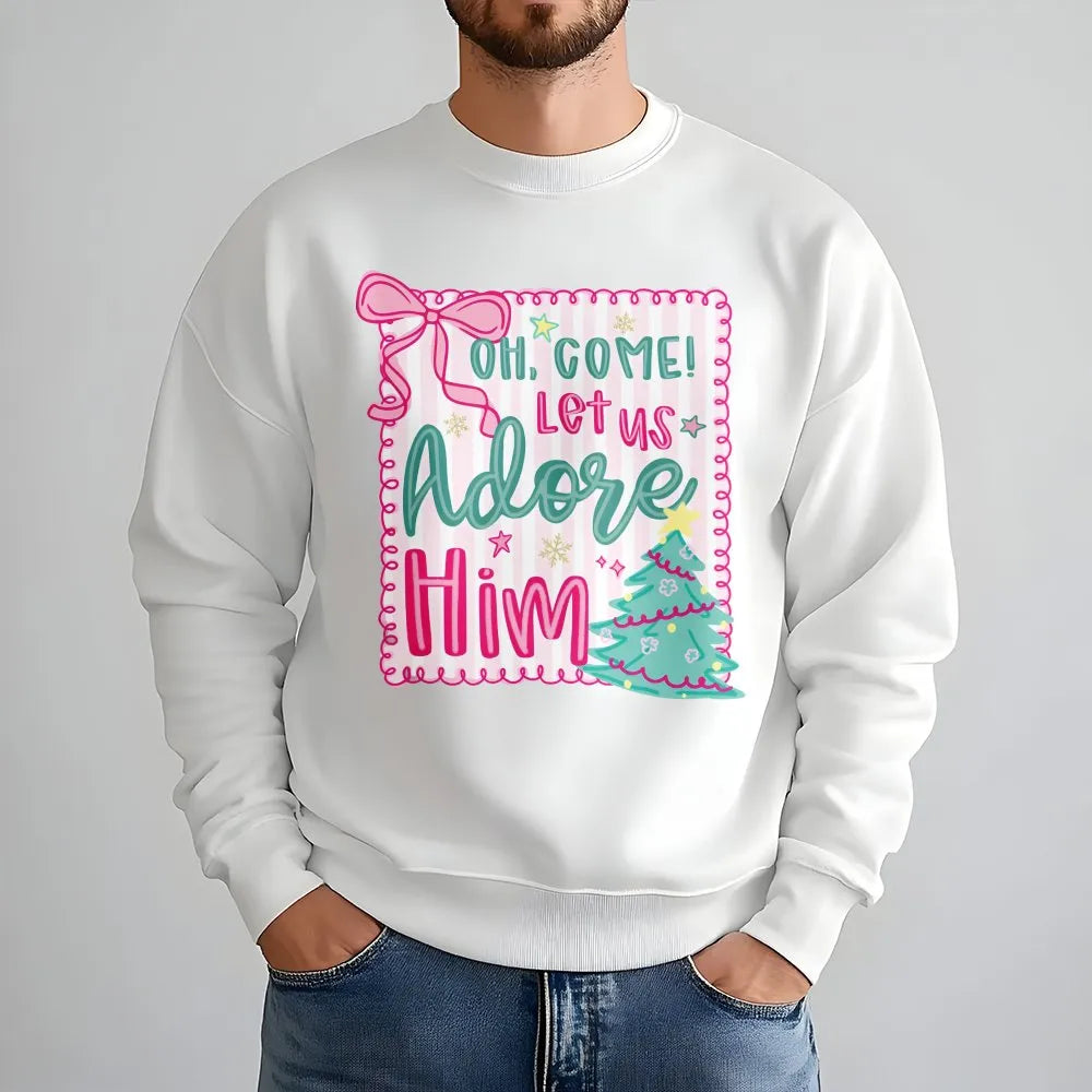 Pink Coquette Christmas Crewneck, Oh Come Let Us Adore Him Sweatshirt, Nativity Christian Holiday Sweater, Girly Xmas Bow Pul