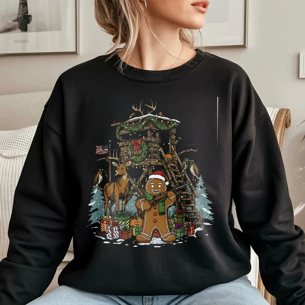 Humorous Deer Hunter Sweatshirt, Gingerbread Man Hunting Sweatshirt, Christmas Cabin Scene Pullover, Holiday Hunting Sweatshi