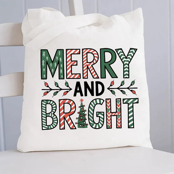 Holiday Winter Tote Bag, Merry and Bright Christmas Tree Canvas Tote Bag, Adorable Xmas Reusable Grocery Tote, Casual Daily B