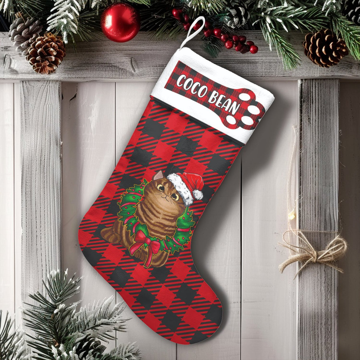 Buffalo Plaid Cat Stocking, Personalized Cat Christmas Stocking, Custom Pet Name Stocking, Velboa Holiday Decor, Present for 