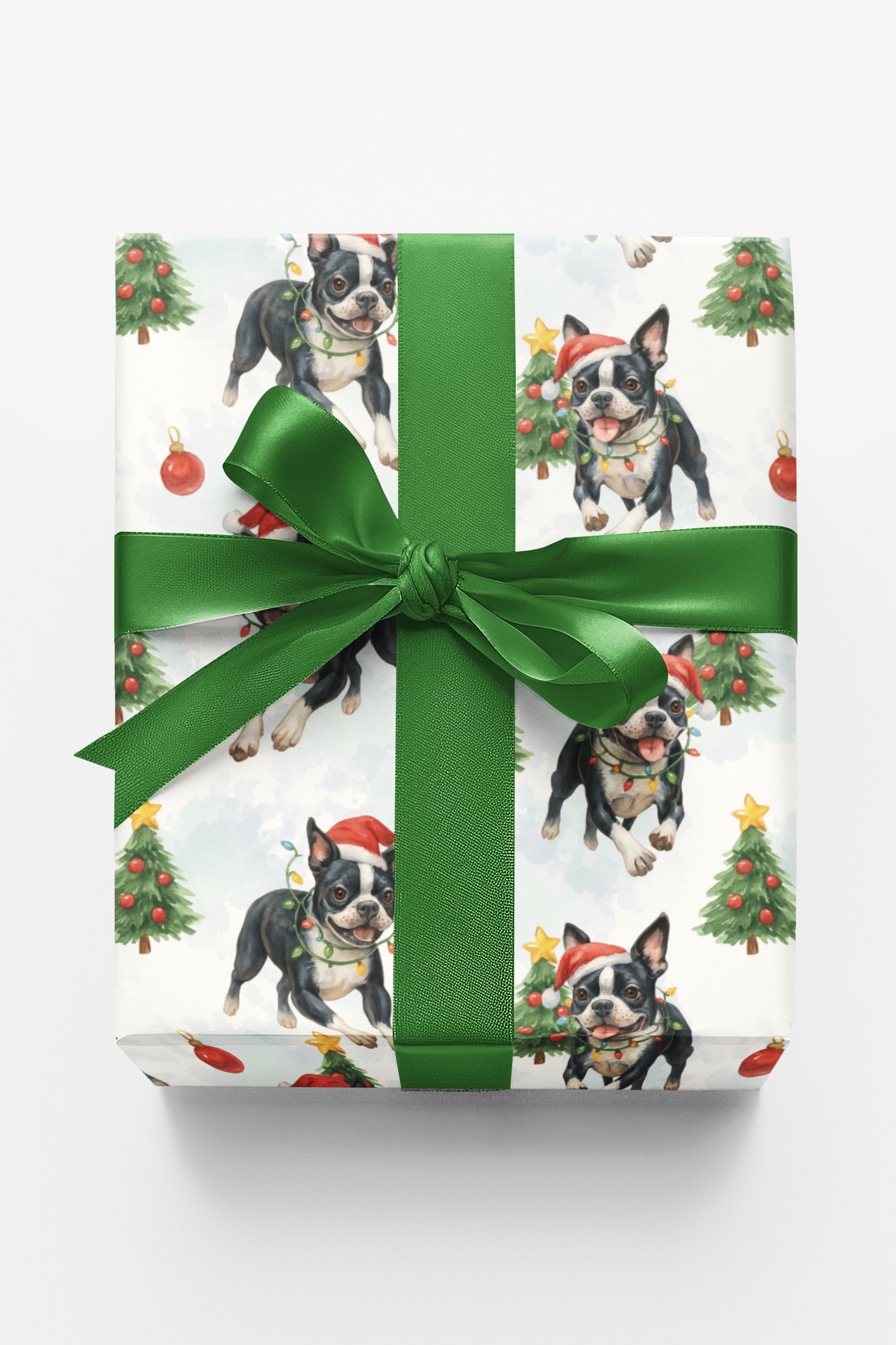 Santa Hat Dog Gift Wrap, Boston Terrier Christmas Wrapping Paper, Festive Boston Terrier Wrapping Paper, Boston Terrier Holid