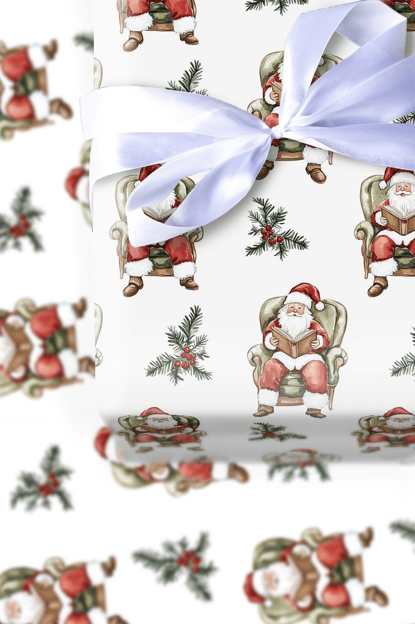 Comfy Bookish Christmas Gift Wrap, Reading Santa Claus Wrapping Paper, Watercolor Santa Present Wrap, Nostalgic Holiday Packa
