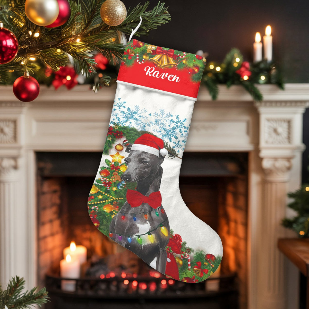 Custom Name Dog Lover Holiday Stocking, Personalized Greyhound Christmas Stocking, Adorable Sighthound Winter Stocking, Firep