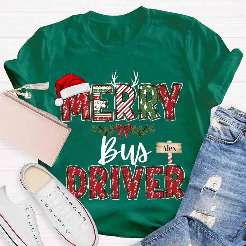Custom Santa Hat Holiday Graphic Tee, Personalized Bus Driver Christmas T-Shirt, Merry Christmas Driver Shirt, Adorable Xmas 